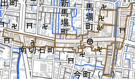 船町とその周辺の地図。町の範囲を重ねている