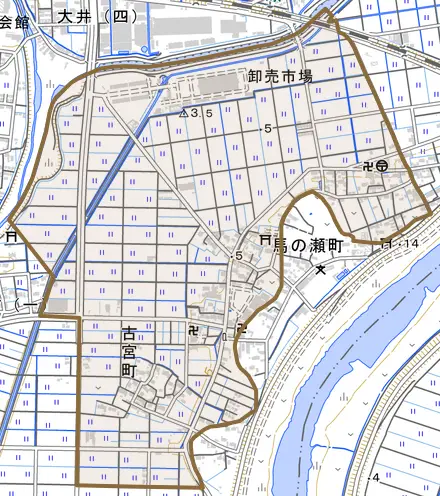 古宮町とその周辺の地図。町の範囲を重ねている