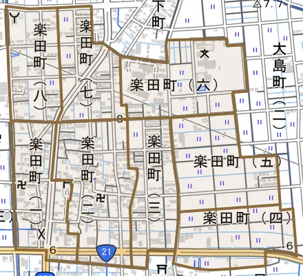楽田町とその周辺の地図。町の範囲を重ねている