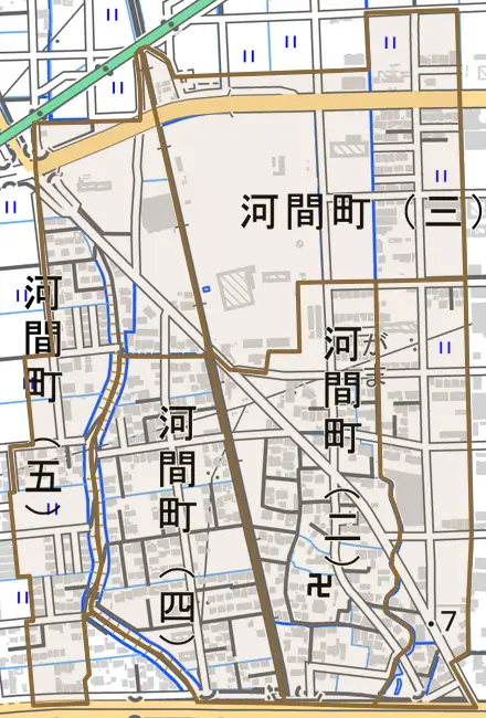 河間町とその周辺の地図。町の範囲を重ねている