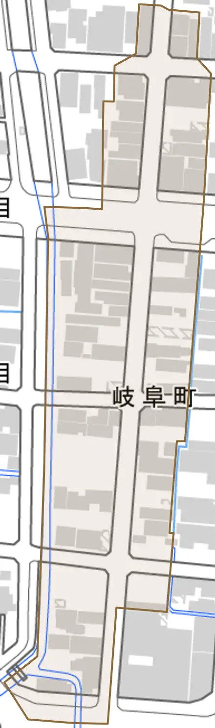 岐阜町とその周辺の地図。町の範囲を重ねている