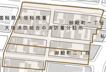 御殿町とその周辺の地図。町の範囲を重ねている