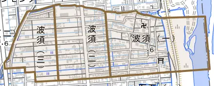 波須とその周辺の地図。町の範囲を重ねている
