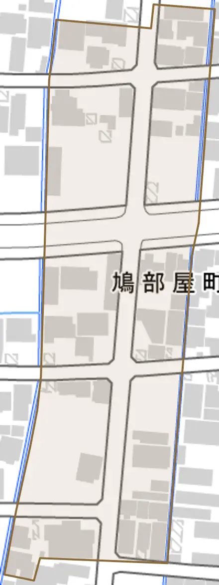 鳩部屋町とその周辺の地図。町の範囲を重ねている