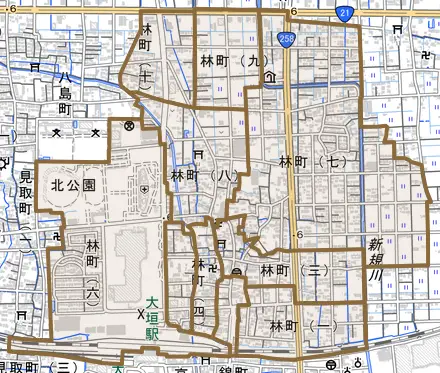 林町とその周辺の地図。町の範囲を重ねている