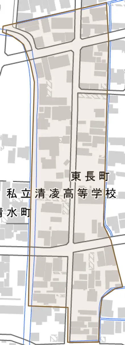 東長町とその周辺の地図。町の範囲を重ねている