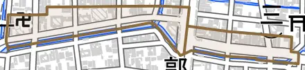 東外側町とその周辺の地図。町の範囲を重ねている