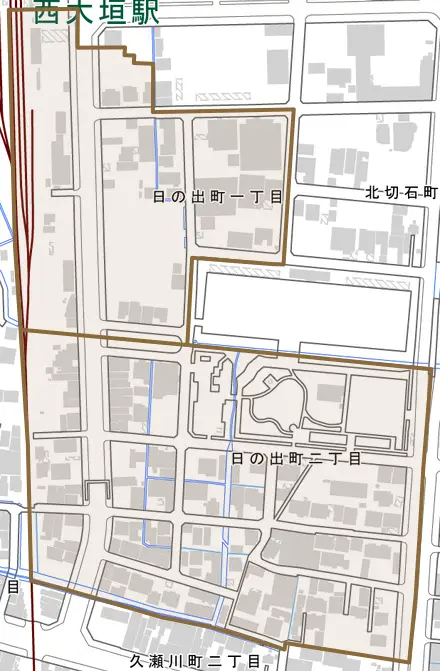 日の出町とその周辺の地図。町の範囲を重ねている