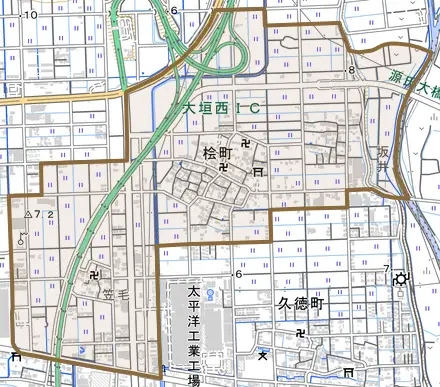 桧町とその周辺の地図。町の範囲を重ねている