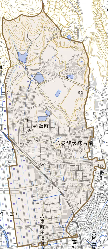 昼飯町とその周辺の地図。町の範囲を重ねている