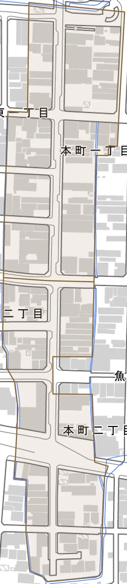本町とその周辺の地図。町の範囲を重ねている