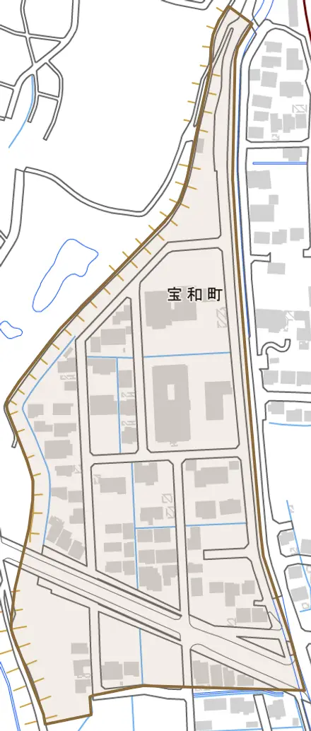 宝和町とその周辺の地図。町の範囲を重ねている