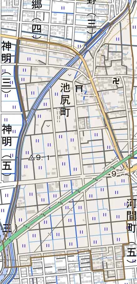 池尻町とその周辺の地図。町の範囲を重ねている