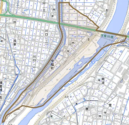 今福町とその周辺の地図。町の範囲を重ねている