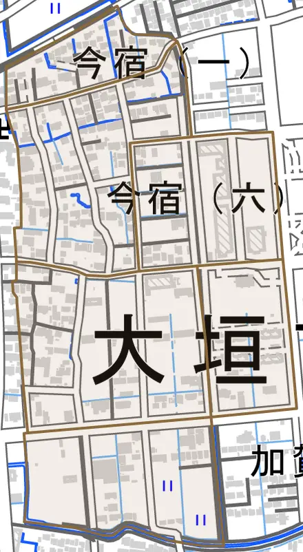 今宿とその周辺の地図。町の範囲を重ねている