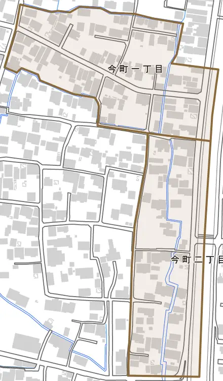 今町とその周辺の地図。町の範囲を重ねている