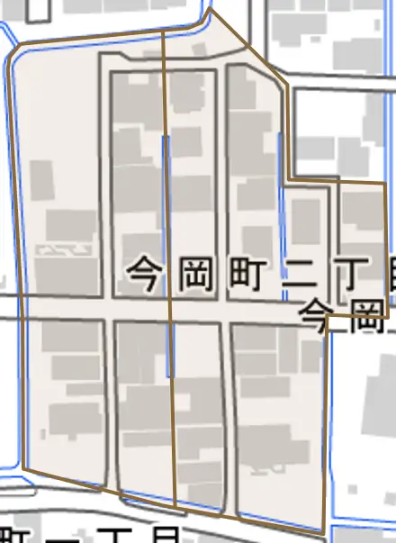 今岡町とその周辺の地図。町の範囲を重ねている