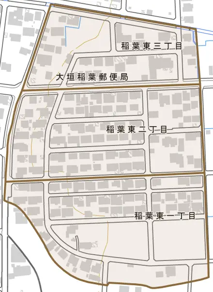 稲葉東とその周辺の地図。町の範囲を重ねている