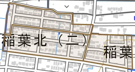 稲葉北とその周辺の地図。町の範囲を重ねている