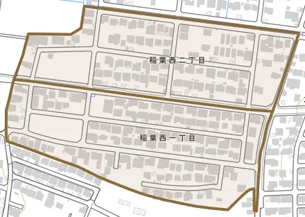 稲葉西とその周辺の地図。町の範囲を重ねている