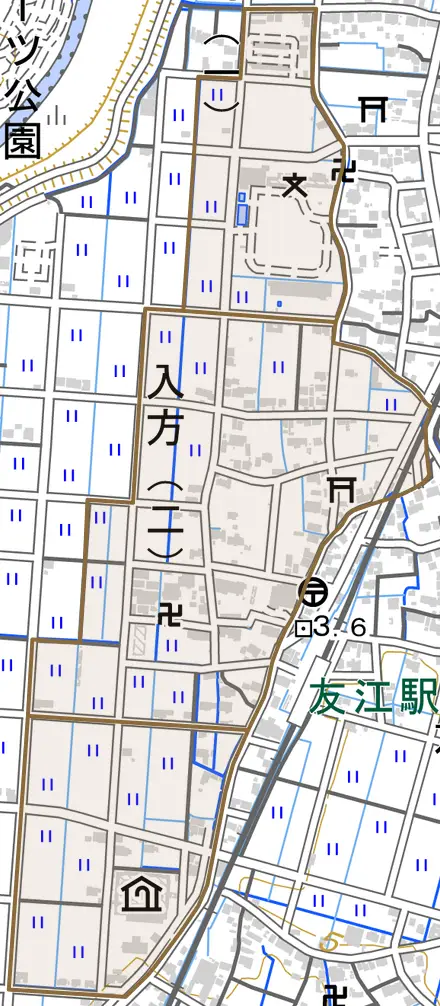 入方とその周辺の地図。町の範囲を重ねている