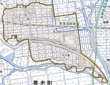 十六町とその周辺の地図。町の範囲を重ねている