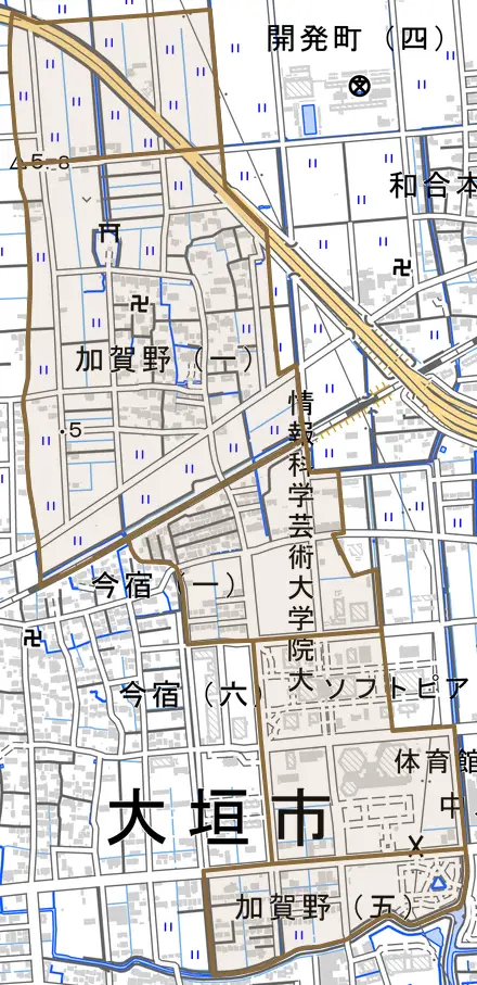 加賀野とその周辺の地図。町の範囲を重ねている