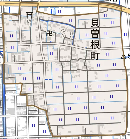 貝曽根町とその周辺の地図。町の範囲を重ねている