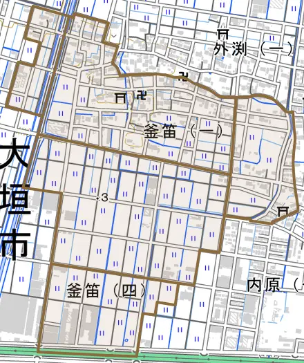 釜笛とその周辺の地図。町の範囲を重ねている