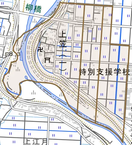 上笠とその周辺の地図。町の範囲を重ねている