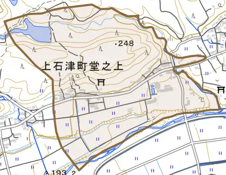 上石津町堂之上とその周辺の地図。町の範囲を重ねている