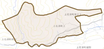 上石津町上とその周辺の地図。町の範囲を重ねている