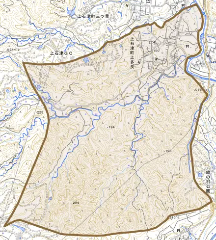 上石津町上多良とその周辺の地図。町の範囲を重ねている