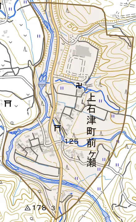 上石津町前ケ瀬とその周辺の地図。町の範囲を重ねている