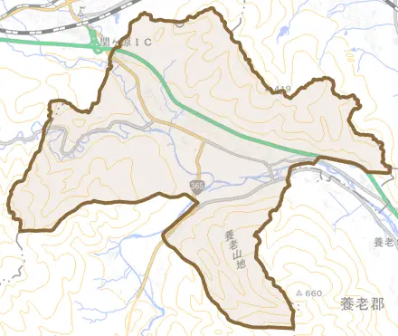 上石津町牧田とその周辺の地図。町の範囲を重ねている