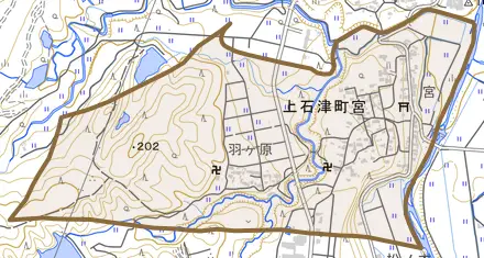 上石津町宮とその周辺の地図。町の範囲を重ねている
