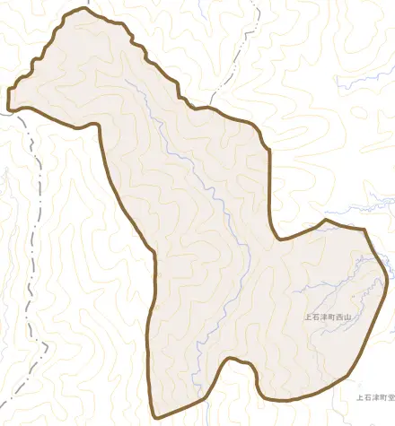 上石津町西山とその周辺の地図。町の範囲を重ねている