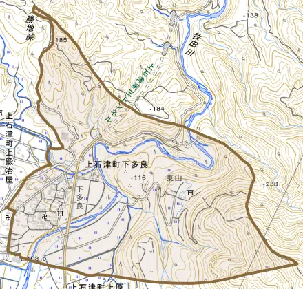 上石津町下多良とその周辺の地図。町の範囲を重ねている