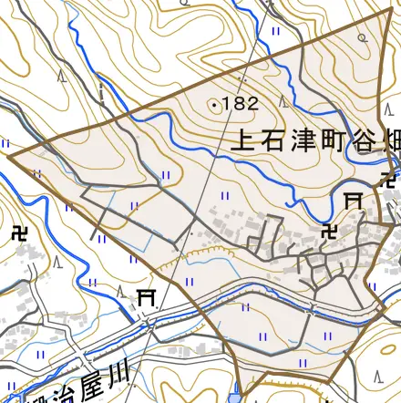 上石津町谷畑とその周辺の地図。町の範囲を重ねている