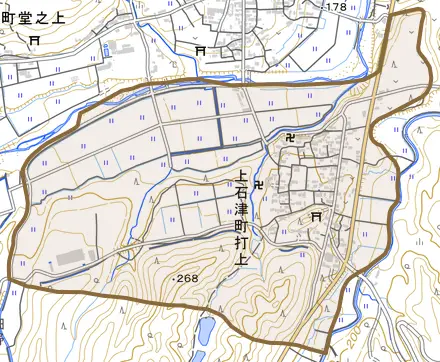 上石津町打上とその周辺の地図。町の範囲を重ねている