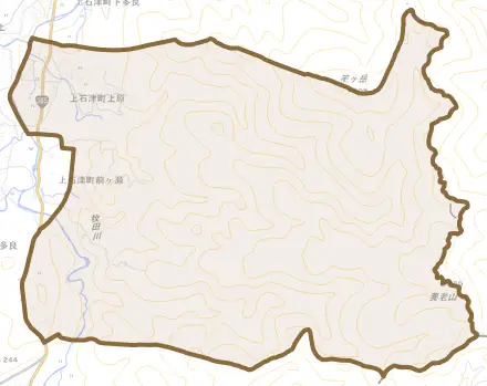 上石津町上原とその周辺の地図。町の範囲を重ねている