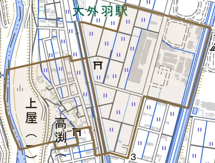 上屋とその周辺の地図。町の範囲を重ねている