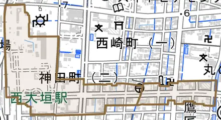神田町とその周辺の地図。町の範囲を重ねている