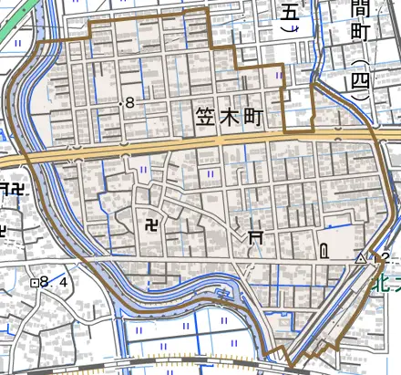 笠木町とその周辺の地図。町の範囲を重ねている