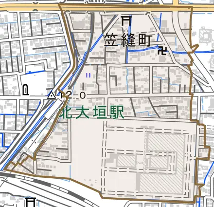 笠縫町とその周辺の地図。町の範囲を重ねている