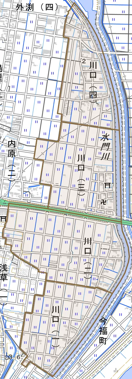 川口とその周辺の地図。町の範囲を重ねている