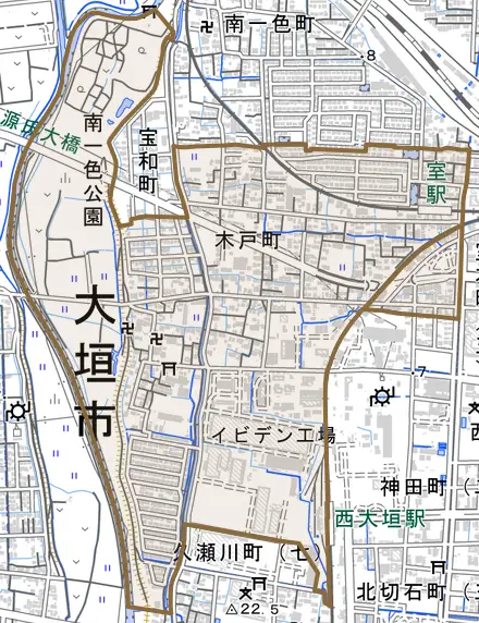木戸町とその周辺の地図。町の範囲を重ねている