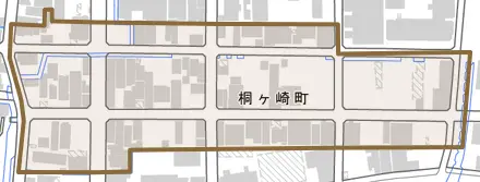 桐ヶ崎町とその周辺の地図。町の範囲を重ねている