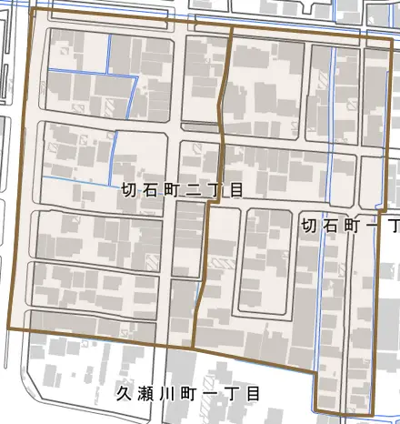 切石町とその周辺の地図。町の範囲を重ねている
