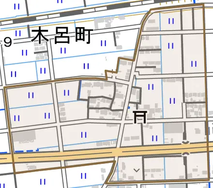 木呂町とその周辺の地図。町の範囲を重ねている